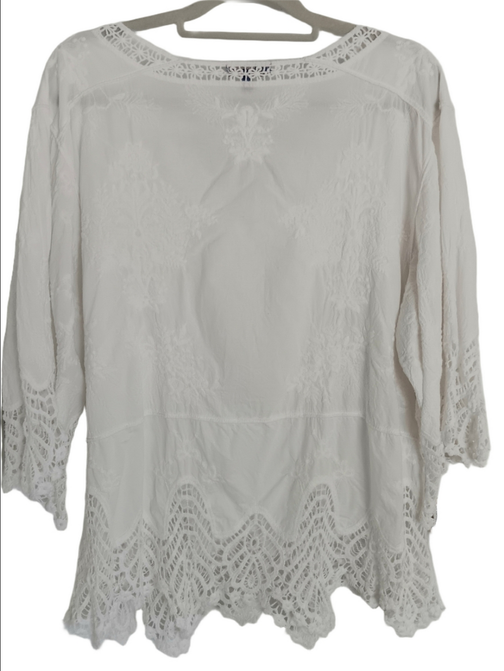 Democracy White Embroidered Crochet Lace-Trim V-neck 3/4 Sleeve Cotton Top XLg - Picture 9 of 9